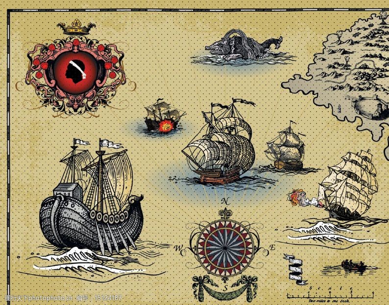 大海帆船航海主题矢量素材图片