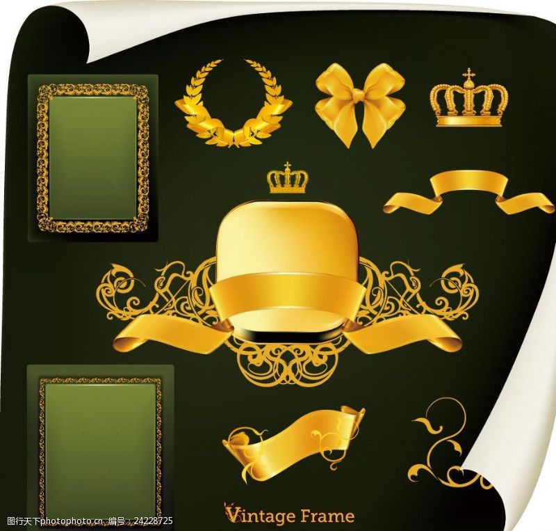 西式婚礼元素金色古典花纹花边边框丝带盾牌皇冠蝴蝶结
