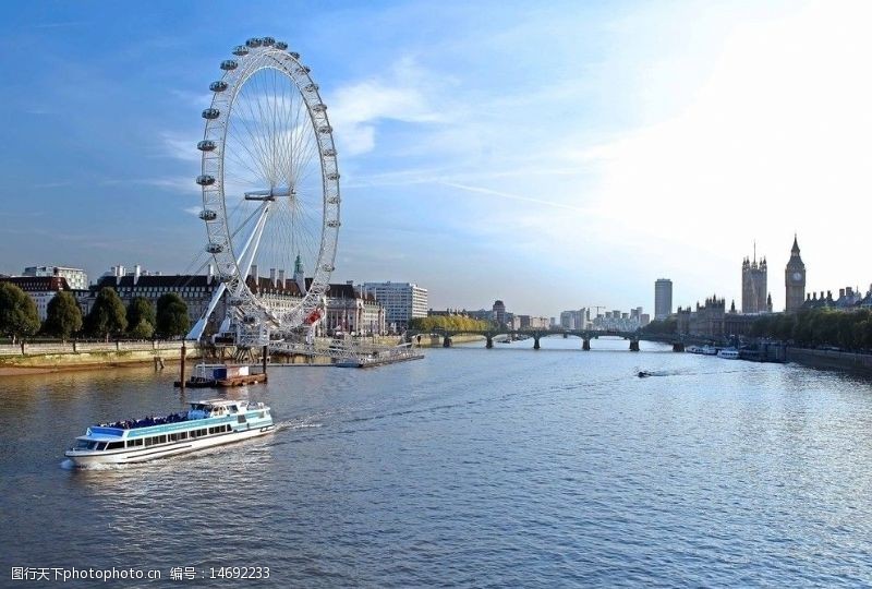 宽阔伦敦泰晤士河两岸风光图片