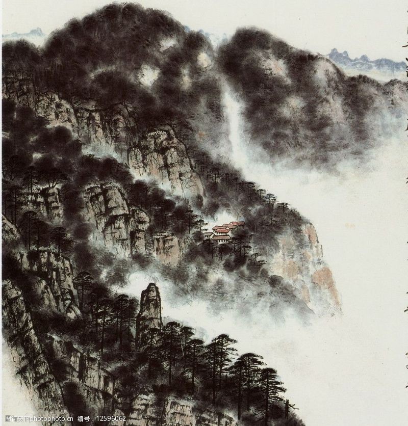 黄玉洲彩墨山水画远峰崖在云中图片