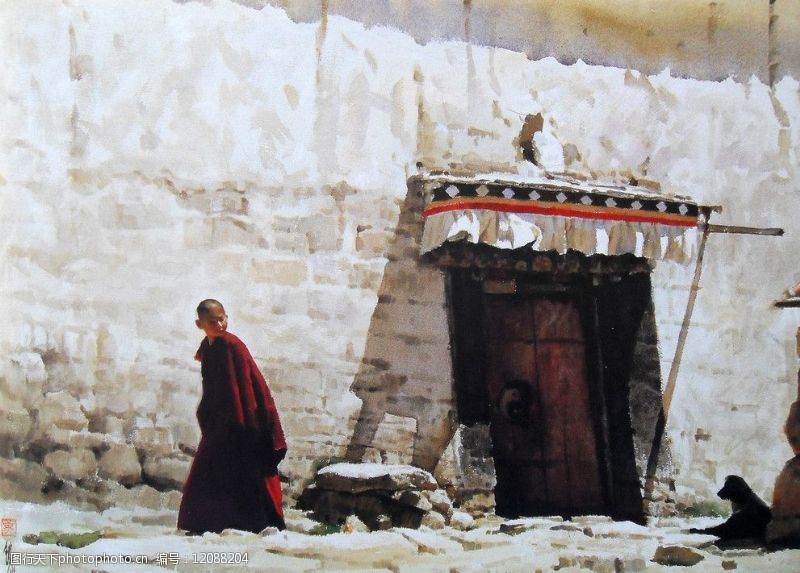 僧人水彩画寺庙正午图片