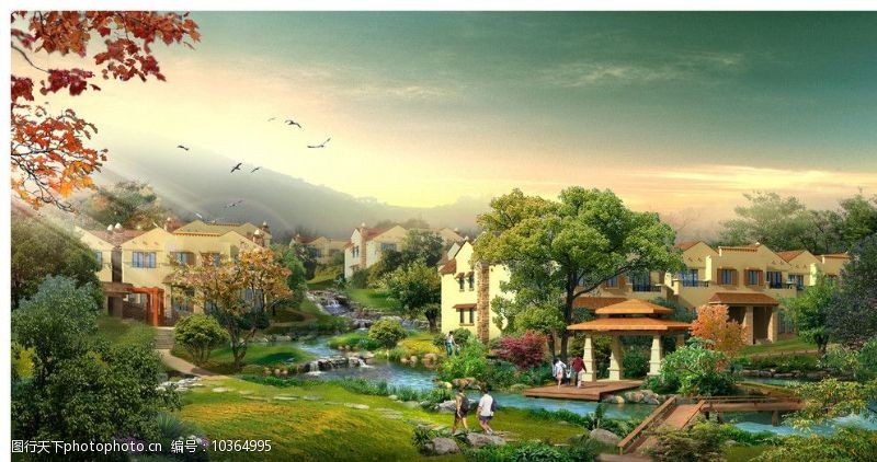 木平台西班牙别墅区景观设计效果图鸟瞰图片