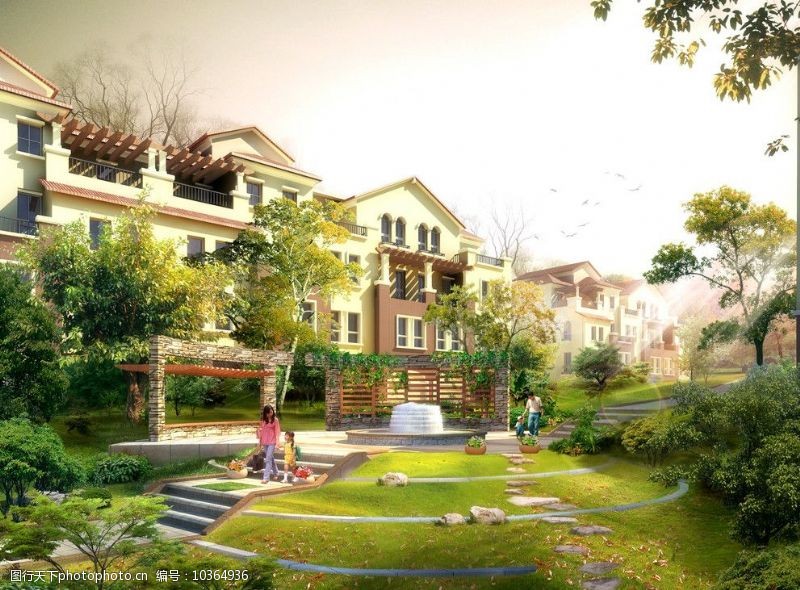 木平台西班牙别墅区景观设计效果图图片