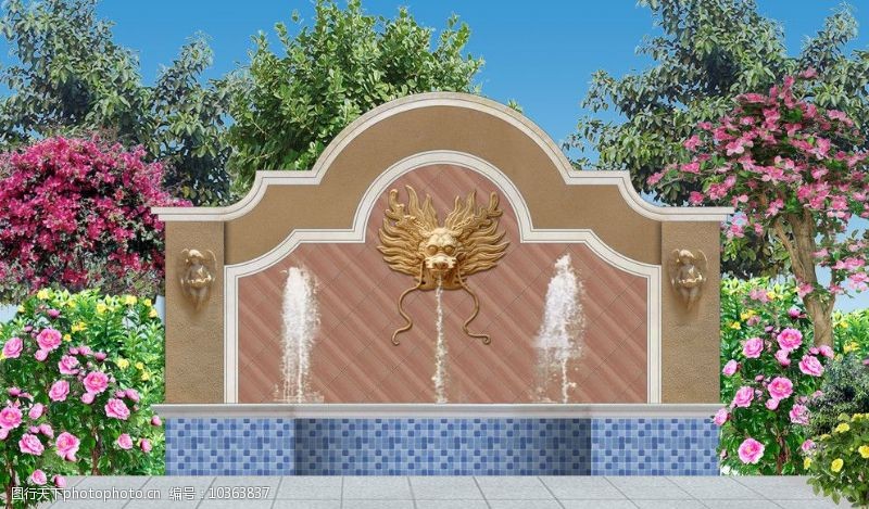 欧式喷泉效果图花园景墙图片